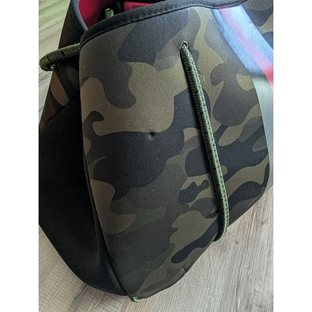 Haute Shore Greyson Soho Neoprene Tote Bag in Green Camo with Red Stripe (C4) - Picture 4 of 10